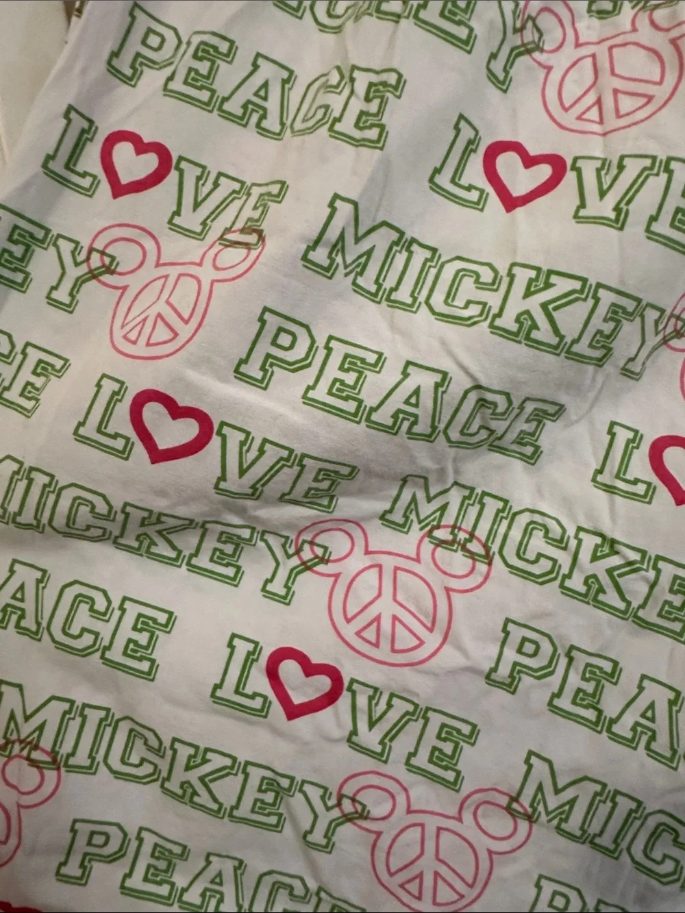 Disney White Pajama Pants with Pink Peace Signs, Red Hearts & Green Text - Picture 4 of 4